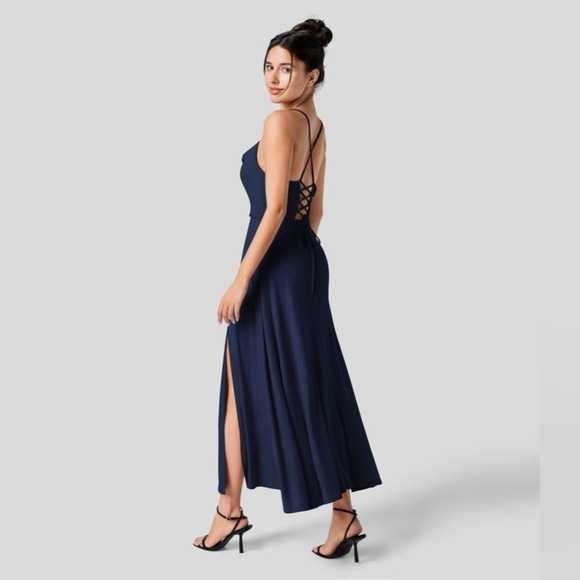 HALARA navy blue sleeveless lace up back midi dress with slit - Picture 3 of 10